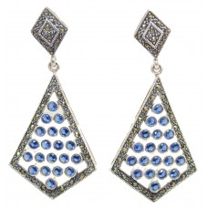 Dangle Earrings Marcasite & Blue Zircon Stone Women's Sterling Silver 925 A726